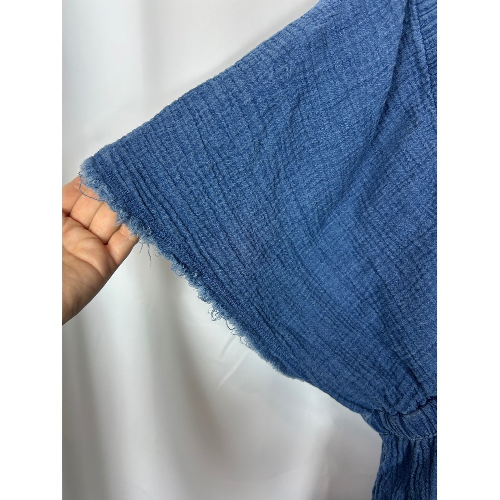 Aerie Blue Cotton Gauze Tiered Mini Dress V-Neck Raw Hem Boho XL - Picture 2 of 7